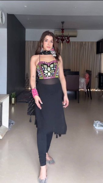 Ornate Black Faux Georgette Kurti Pant Dupatta Set with Real Mirror Work Georgette Kurti 