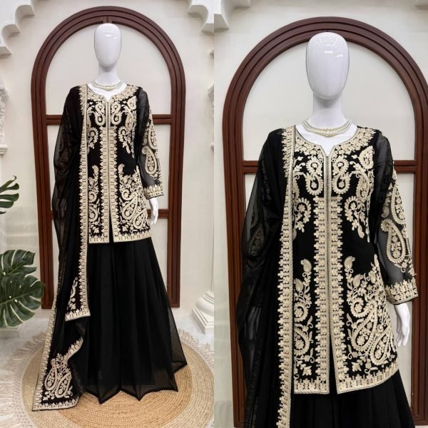 Ornate Black Faux Georgette Palazzo Suit with Cross Stitch Embroidery Work For Party Wear Ready To Wear Collection