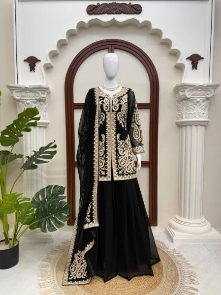 Ornate Black Faux Georgette Palazzo Suit with Cross Stitch Embroidery Work For Party Wear Ready To Wear Collection