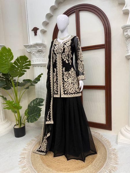 Ornate Black Faux Georgette Palazzo Suit with Cross Stitch Embroidery Work For Party Wear Ready To Wear Collection