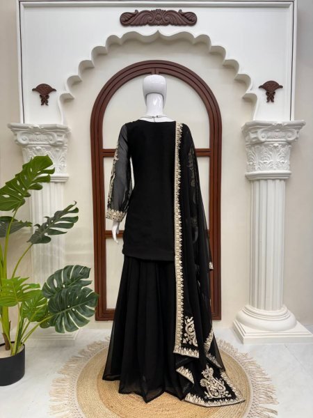 Ornate Black Faux Georgette Palazzo Suit with Cross Stitch Embroidery Work For Party Wear Ready To Wear Collection