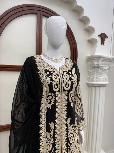 Ornate Black Faux Georgette Palazzo Suit with Cross Stitch Embroidery Work For Party Wear Ready To Wear Collection