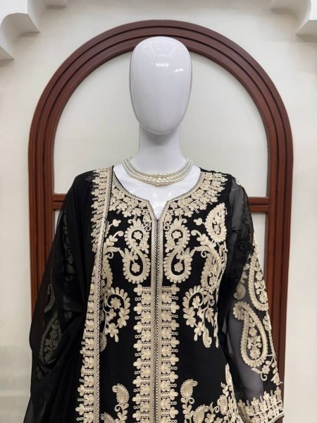 Ornate Black Faux Georgette Palazzo Suit with Cross Stitch Embroidery Work For Party Wear Ready To Wear Collection