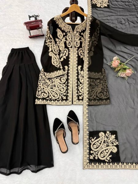 Ornate Black Faux Georgette Palazzo Suit with Cross Stitch Embroidery Work For Party Wear Ready To Wear Collection