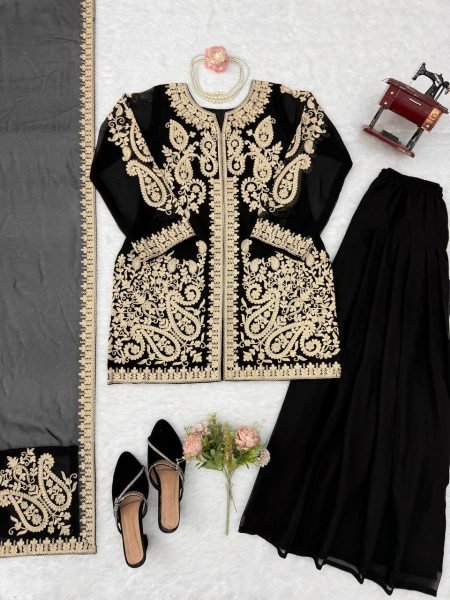 Ornate Black Faux Georgette Palazzo Suit with Cross Stitch Embroidery Work For Party Wear Ready To Wear Collection