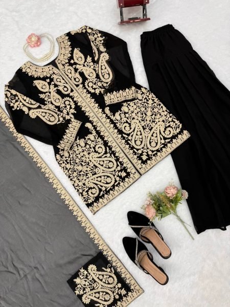 Ornate Black Faux Georgette Palazzo Suit with Cross Stitch Embroidery Work For Party Wear Ready To Wear Collection