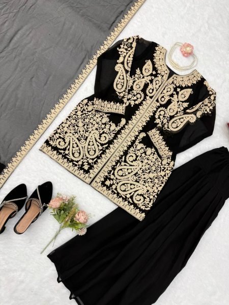 Ornate Black Faux Georgette Palazzo Suit with Cross Stitch Embroidery Work For Party Wear Ready To Wear Collection