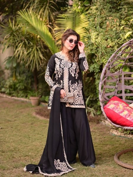 Ornate Black Faux Georgette Palazzo Suit with Cross Stitch Embroidery Work For Party Wear Ready To Wear Collection