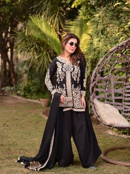 Ornate Black Faux Georgette Palazzo Suit with Cross Stitch Embroidery Work For Party Wear Ready To Wear Collection