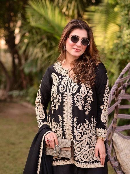 Ornate Black Faux Georgette Palazzo Suit with Cross Stitch Embroidery Work For Party Wear Ready To Wear Collection