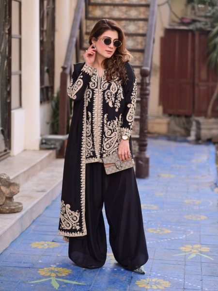 Ornate Black Faux Georgette Palazzo Suit with Cross Stitch Embroidery Work For Party Wear Ready To Wear Collection
