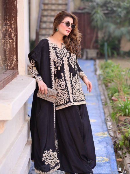 Ornate Black Faux Georgette Palazzo Suit with Cross Stitch Embroidery Work For Party Wear Ready To Wear Collection