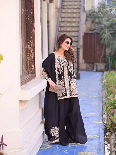 Ornate Black Faux Georgette Palazzo Suit with Cross Stitch Embroidery Work For Party Wear Ready To Wear Collection