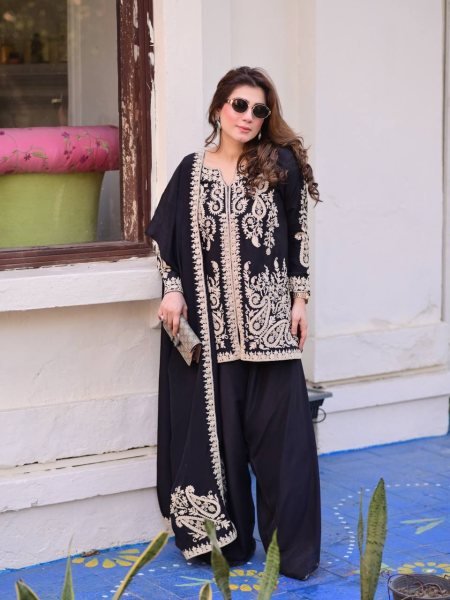 Ornate Black Faux Georgette Palazzo Suit with Cross Stitch Embroidery Work For Party Wear Ready To Wear Collection