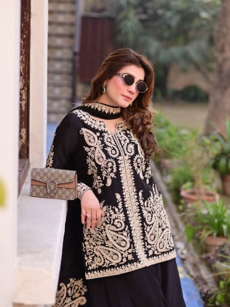 Ornate Black Faux Georgette Palazzo Suit with Cross Stitch Embroidery Work For Party Wear Ready To Wear Collection