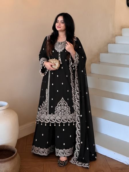 Ornate Black Heavy Fox Georgette Embroidered Palazzo Dupatta Set For Diwali Festival Ready To Wear Suit