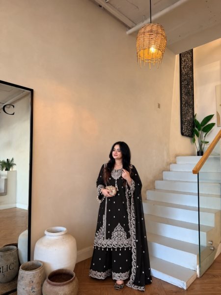 Ornate Black Heavy Fox Georgette Embroidered Palazzo Dupatta Set For Diwali Festival Ready To Wear Collection