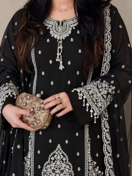 Ornate Black Heavy Fox Georgette Embroidered Palazzo Dupatta Set For Diwali Festival Ready To Wear Collection