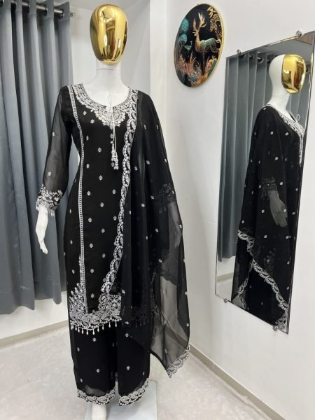 Ornate Black Heavy Fox Georgette Embroidered Palazzo Dupatta Set For Diwali Festival Ready To Wear Collection