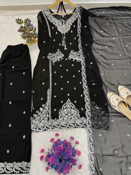 Ornate Black Heavy Fox Georgette Embroidered Palazzo Dupatta Set For Diwali Festival Ready To Wear Collection