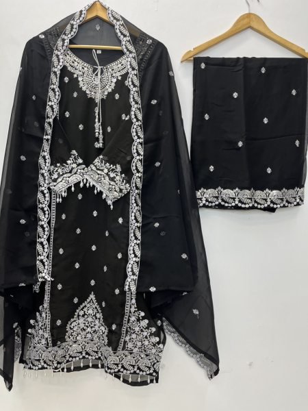Ornate Black Heavy Fox Georgette Embroidered Palazzo Dupatta Set For Diwali Festival Ready To Wear Collection