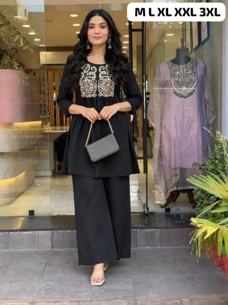 Ornate Black Party Wear Cotton Cord Set with Embroidered Top at Wholesale Rate CO ORD Sets