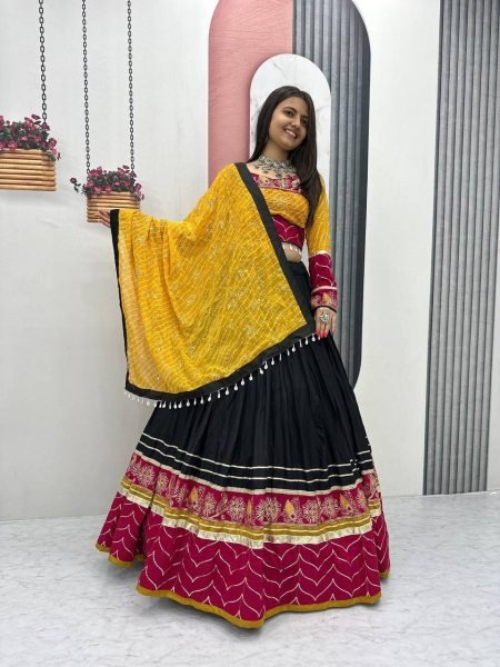 Ornate Black Rayon Cotton Lehenga Set with Thread Sequins Work for Dandiya Nights Navratri Lehnega Choli