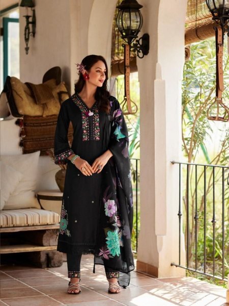 Ornate Black Summer Wear Cotton Kurti Set with Handwork Embroidery and Stylish Dupatta Salwar Kameez