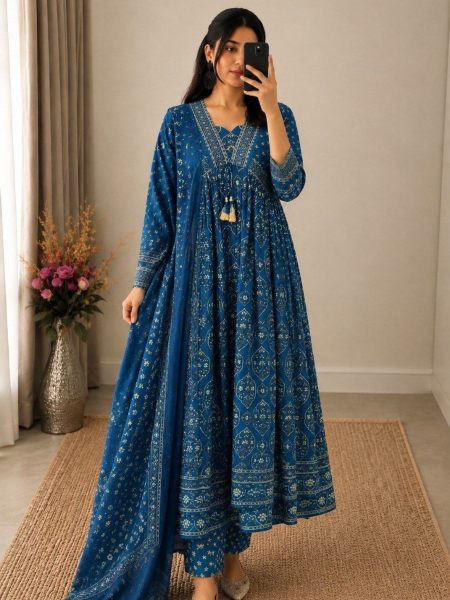 Ornate Blue Designer Cotton Suit Set with Printed Top Pant & Dupatta for Women Kurtis
