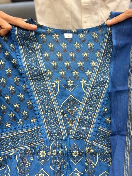Ornate Blue Designer Cotton Suit Set with Printed Top Pant & Dupatta for Women Anarkali Kurtis 