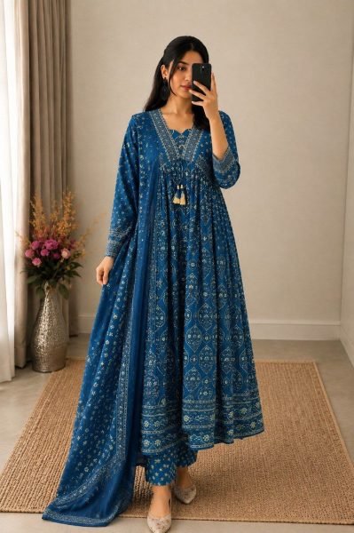 Ornate Blue Designer Cotton Suit Set with Printed Top Pant & Dupatta for Women Anarkali Kurtis 