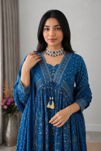Ornate Blue Designer Cotton Suit Set with Printed Top Pant & Dupatta for Women Anarkali Kurtis 