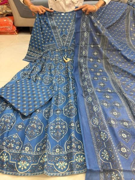Ornate Blue Designer Cotton Suit Set with Printed Top Pant & Dupatta for Women Anarkali Kurtis 