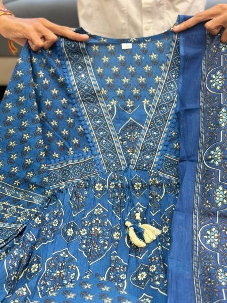 Ornate Blue Designer Cotton Suit Set with Printed Top Pant & Dupatta for Women Anarkali Kurtis 
