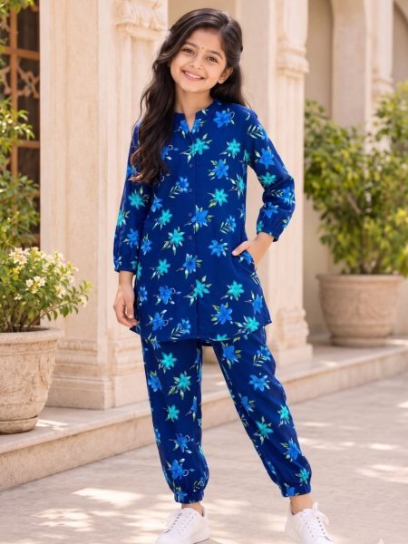 Ornate Blue Designer Kids Cotton Printed Top Bottom Cord Set Kurtis