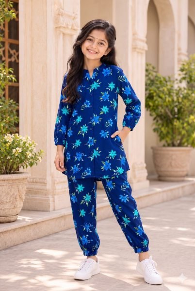 Ornate Blue Designer Kids Cotton Printed Top Bottom Cord Set Girls Wear