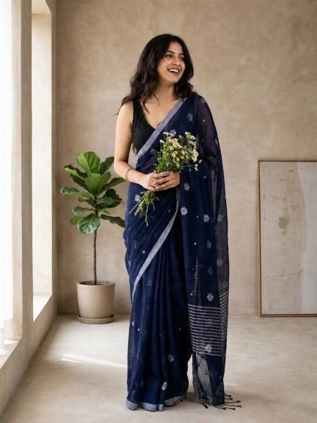 Ornate Blue Linen Cotton Saree with Silver Patta Weaving and Tussle at Wholesale Rate 