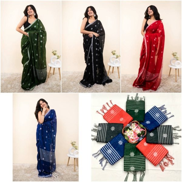 Ornate Blue Linen Cotton Saree with Silver Patta Weaving and Tussle at Wholesale Rate Linen Sarees Wholesale