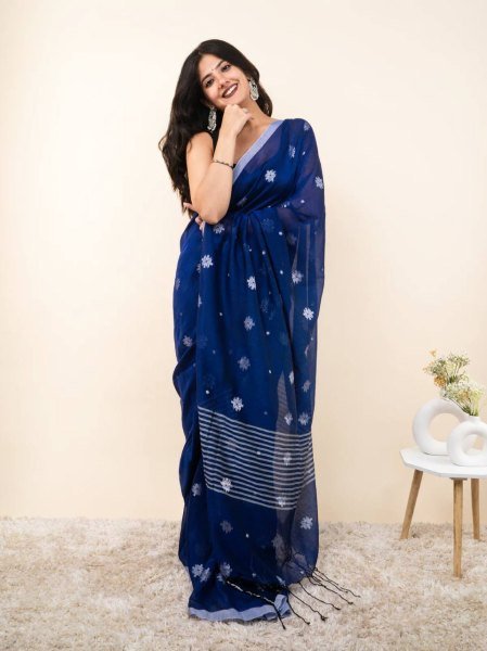 Ornate Blue Linen Cotton Saree with Silver Patta Weaving and Tussle at Wholesale Rate Linen Sarees Wholesale