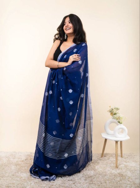 Ornate Blue Linen Cotton Saree with Silver Patta Weaving and Tussle at Wholesale Rate Linen Sarees Wholesale