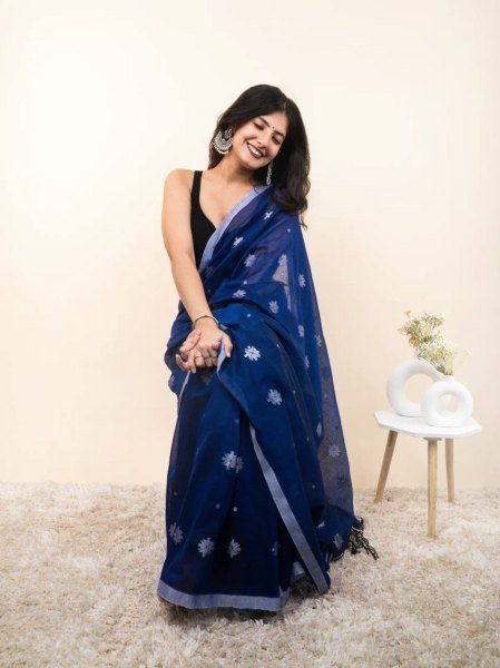 Ornate Blue Linen Cotton Saree with Silver Patta Weaving and Tussle at Wholesale Rate Linen Sarees Wholesale