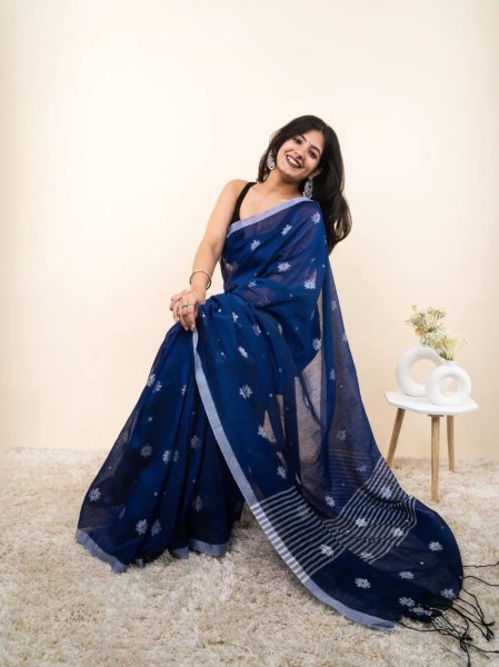 Ornate Blue Linen Cotton Saree with Silver Patta Weaving and Tussle at Wholesale Rate Linen Sarees Wholesale