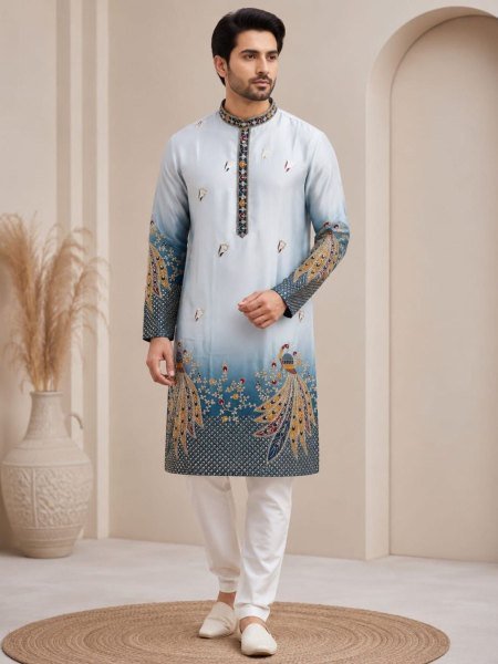 Ornate Blue Premium Shaded Malai Satin Embroidered Kurta Pyjama for Men 