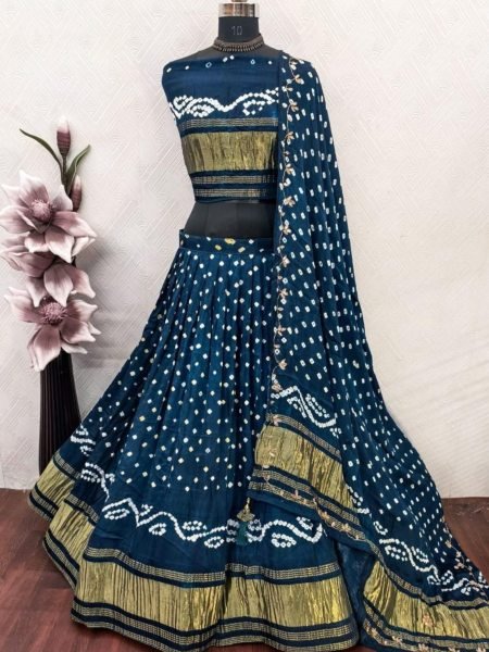 Ornate Blue Pure Gaji Silk Bridal Lehenga Choli with Authentic Bandhej Design Shop by Occasion