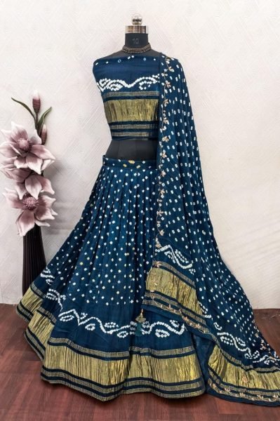 Ornate Blue Pure Gaji Silk Bridal Lehenga Choli with Authentic Bandhej Design Navratri Lehnega Choli