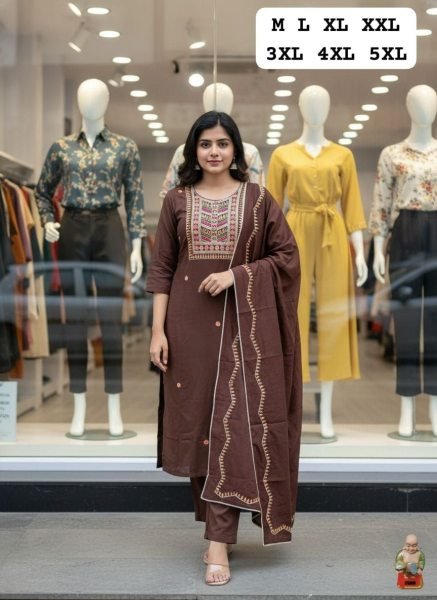 Ornate Brown Heavy Viscose Handwork Kurti Set with Dupatta for Festive Wear  Straight Cut Long Kurtis