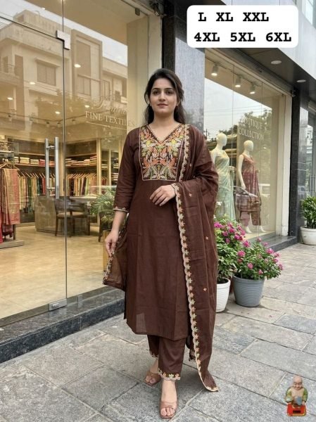 Ornate Brown Heavy Viscose Handwork Kurti Set with Dupatta for Festive Wear  Straight Cut Long Kurtis