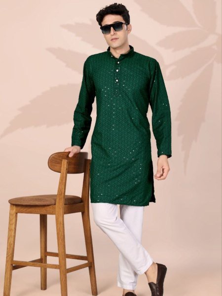Ornate Dark Green Ethnic Kurta with Lucknowi Work for Men Festive Dressing 