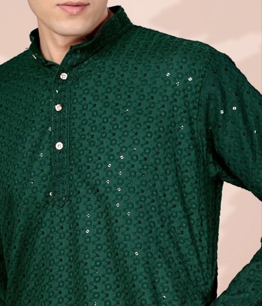 Ornate Dark Green Ethnic Kurta with Lucknowi Work for Men Festive Dressing Kurta Pajama Wholesale