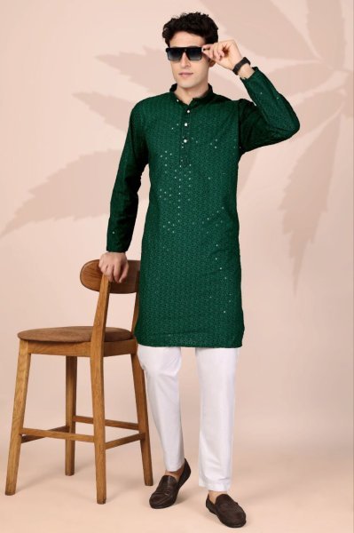 Ornate Dark Green Ethnic Kurta with Lucknowi Work for Men Festive Dressing Kurta Pajama Wholesale